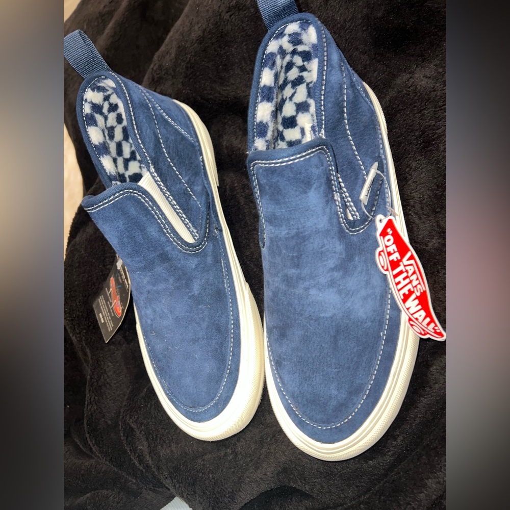 Vans shoes Mid Slip MTE Suede Dress Blues Antique White Faux Fur Size 7.5 M / 9W - Picture 2 of 3